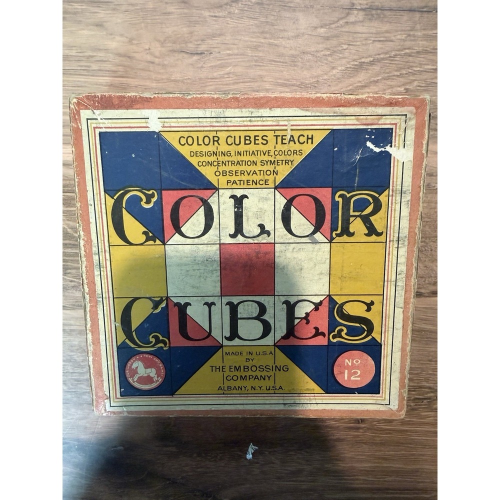 Vintage childs toy The Embossing Company Color Cubes No. 12 wood blocks 1940's